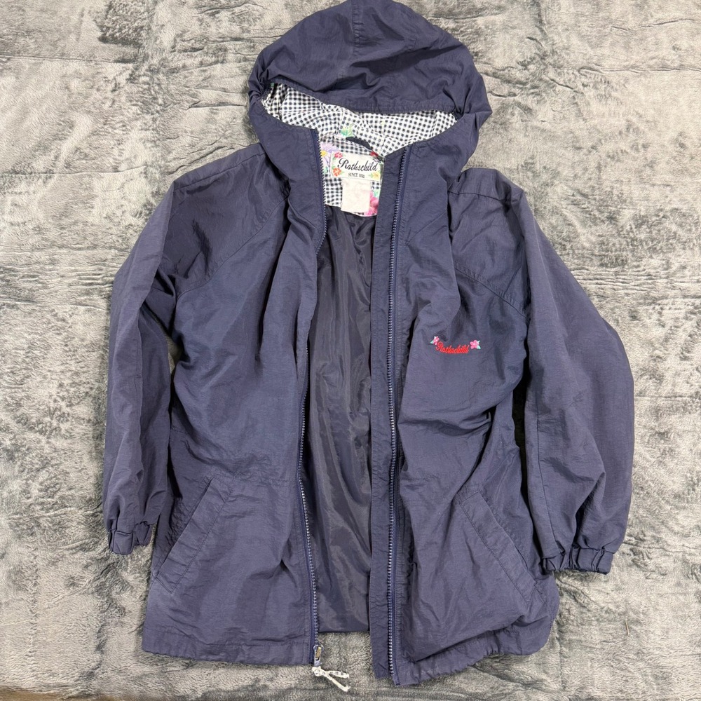 Rothschild Girls Navy Blue Hooded Windbreaker Jacket Floral Logo‎ Gingham Lining